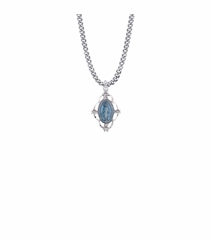 7/8 Inch Sterling Silver Blue Enameled Filigree Oval Miraculous Medal