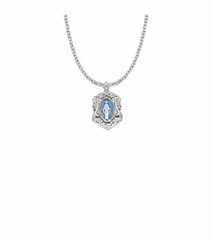 7/8 Inch Sterling Silver Blue Enameled Floral Miraculous Medal