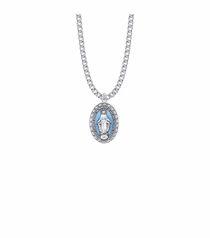 7/8 Inch Sterling Silver Blue Enameled Oval Miraculous Medal