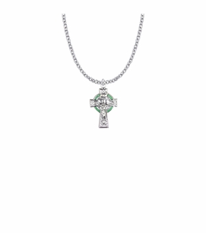 7/8 Inch Sterling Silver Celtic Green Halo Crucifix Necklace