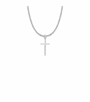 7/8 Inch Sterling Silver Diamond Engraved Stick Cross Necklace