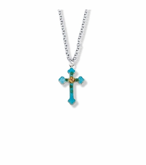 7/8 Inch Sterling Silver Enameled Rose and Budded Ends Cross Necklace