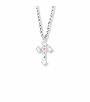 7/8 Inch Sterling Silver Enameled Rose and Budded Ends Cross Necklace