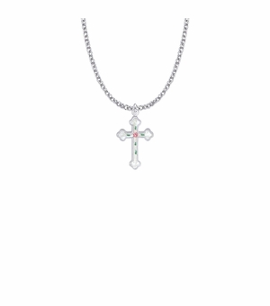 7/8 Inch Sterling Silver Enameled Rose and Budded Ends Cross Necklace