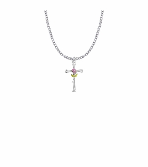 7/8 Inch Sterling Silver Enameled Rose Cross Necklace