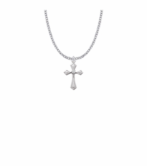7/8 Inch Sterling Silver Flared and Pointed Ends Cross Necklace with Cubic Zirconia Stone