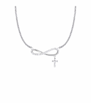 7/8 Inch Sterling Silver Infinity Symbol with Cubic Zirconia Stones and Cross Charm Necklace