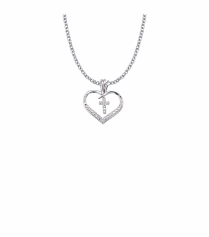 7/8 Inch Sterling Silver Open Heart and Cross  Necklace with Cubic Zirconia Stones