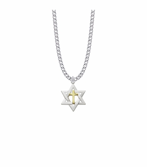 7/8 Inch Sterling Silver Two-Tone Star of David with Cross Necklace