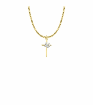 7/8 Inch Two-Tone 18KT Gold Plated Over Sterling Silver Dove on Cross Necklace