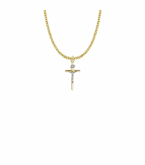7/8 Inch Two-Tone 18KT Gold Plated Over Sterling Silver Stick Crucifix Necklace