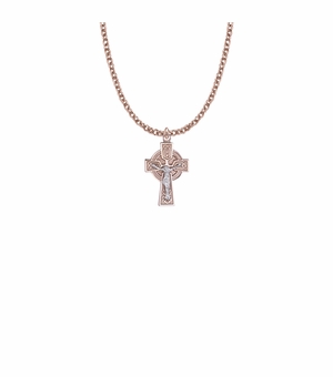 7/8 Inch Two-Tone Rose Gold Over Sterling Silver Celtic Halo Crucifix Necklace