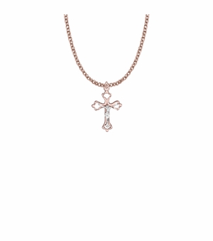 7/8 Inch Two-Tone Rose Gold Over Sterling Silver Heart Ends Crucifix Necklace
