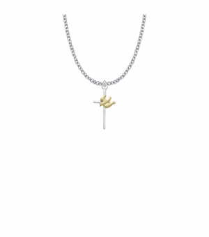 7/8 Inch Two-Tone Sterling Silver Dove on Cross Necklace