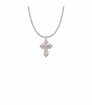 7/8 Inch Two-Tone Sterling Silver Filigree Crucifix Necklace