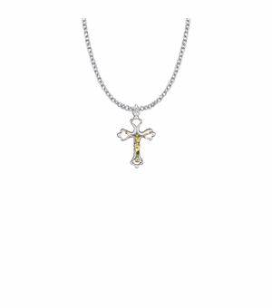 7/8 Inch Two-Tone Sterling Silver Heart Ends Crucifix Necklace