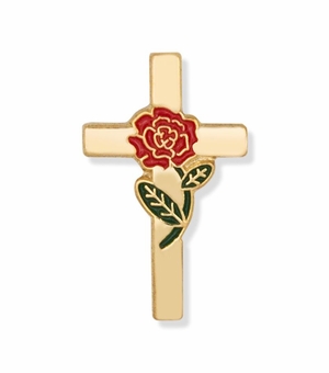 7/8 x 1/2 Inch Gold Cross with Enameled Rose Lapel Pin