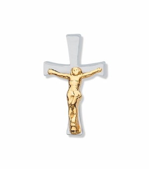 7/8 x 1/2 Inch Two-Tone Silver and Gold Crucifix Lapel Pin