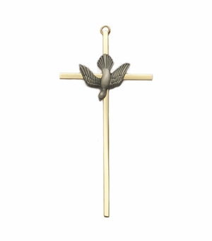 7" Gold Plated Brass Wall Cross with Fine Pewter Dove