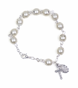 7 Inch 6mm White Pearl Rosary Bracelet with Miraculous Medal and Crucifix Charms