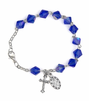 7 Inch 7mm Cut Sapphire Crystal Rosary Bracelet with Miraculous Medal and Crucifix Charms