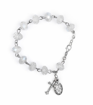 7 Inch 7mm Glass Crystal Rosary Bracelet with Miraculous Medal and Crucifix Charms