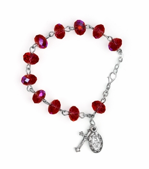 7 Inch 7mm Red Glass Crystal Rosary Bracelet with Miraculous Medal and Crucifix Charms