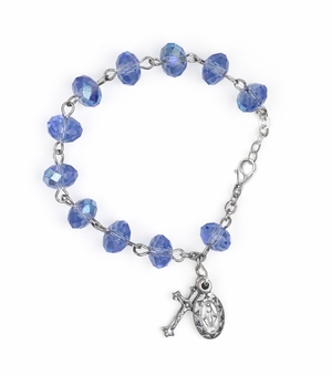 7 Inch 7mm Sapphire Glass Crystal Rosary Bracelet with Miraculous Medal and Crucifix Charms