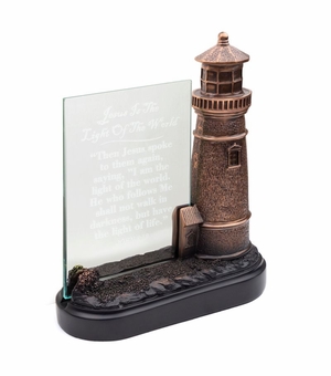 7 Inch Antique Bronze Lighthouse with John 3:12 Engraved Glass Table Decor
