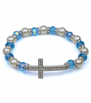 7 Inch Blue Glass Beads and Imitation Pearl Bracelet with Crystal Cross