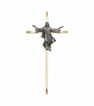 7 Inch Brass and Antiqued Pewter Risen Christ Wall Cross