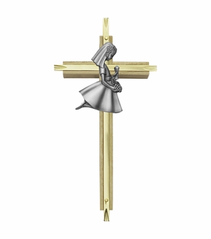 7 Inch Brass and Oak Wall Cross with Centered Pewter First Communion Girl