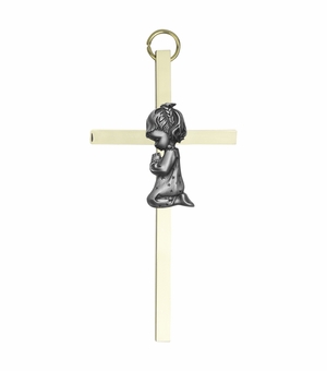 7 Inch Brass and Pewter Baby Girl Wall Cross