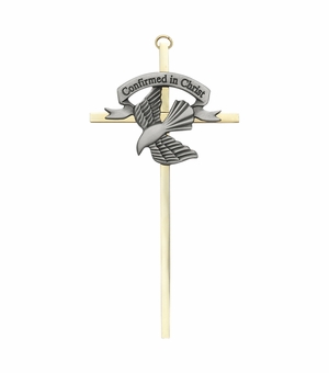 7 Inch Brass and Pewter "Confirmed in Christ" Dove Confirmation Wall Cross