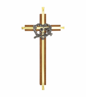 7 Inch Brass and Walnut 25th Wedding Anniversary Wall Cross