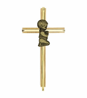 7 Inch Brass, Pewter and Oak Wood Baby Boy Wall Cross