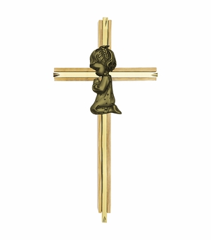 7 Inch Brass, Pewter and Oak Wood Baby Girl Wall Cross