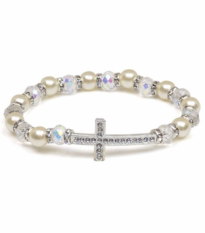 7 Inch Clear Glass Beads and Imitation Pearl Bracelet with Crystal Cross