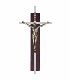 7 Inch Dark Wood and Brass Antiqued Wall Crucifix
