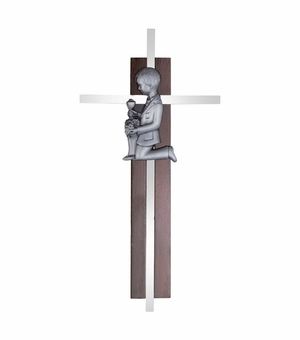7 Inch Dark Wood and Silver Plated First Communion Kneeling Girl Wall Cross