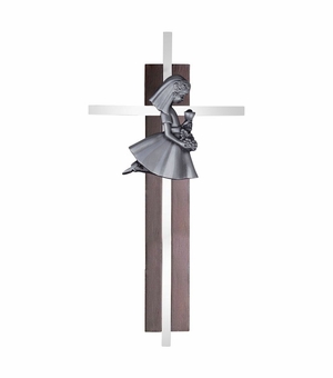 7 Inch Dark Wood and Silver Plated First Communion Kneeling Girl Wall Cross