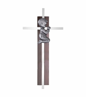 7 Inch Dark Wood and Silver Plated Praying Boy Wall Cross