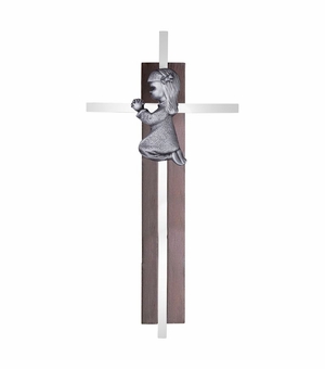 7 Inch Dark Wood and Silver Plated Praying Girl Wall Cross
