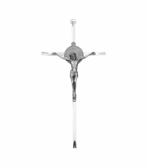 7 Inch Engraved Silver Plated Wall Crucifix with Sunburst Corpus