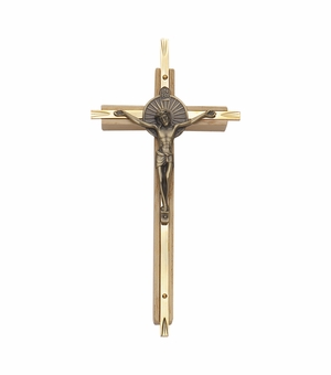 7 Inch Oak and Brass Wall Crucifix with Antiqued Gold Pewter Sunburst Corpus