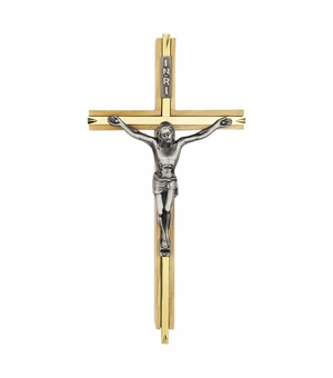7 Inch Oak Wood and Gold Plated Cross Wall Crucifix with Pewter Christ Corpus