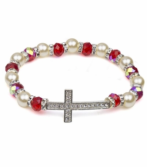 7 Inch Red Glass Beads and Imitation Pearl Bracelet with Crystal Cross