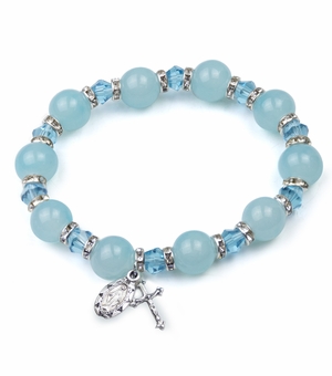 7 Inch Round Aqua Colored Glass Bead Stretch Bracelet with Crucifix and Miraculous Charms