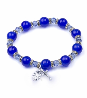 7 Inch Round Blue Colored Glass Bead Stretch Bracelet with Crucifix and Miraculous Charms