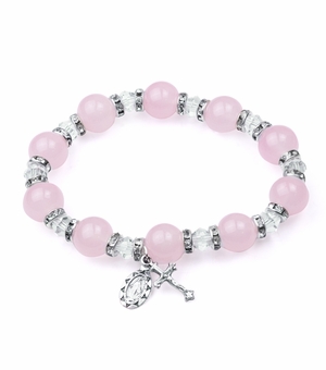 7 Inch Round Pink Colored Glass Bead Stretch Bracelet with Crucifix and Miraculous Charms